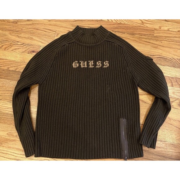 Guess Vtg Sweater Men’s XL Brown Spellout Y2k Cargo Zipper Urban Skater - Picture 1 of 6